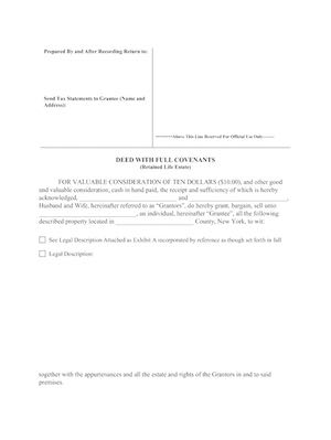 Life Estate Deed NY front page of a Life Estate Deed NY